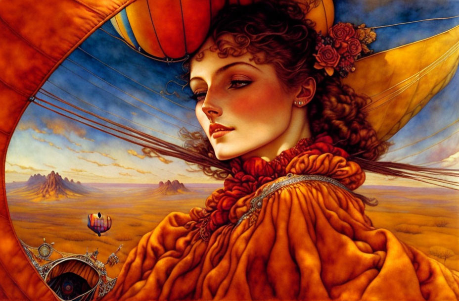 Illustrated woman in orange dress with steampunk airship in golden sky