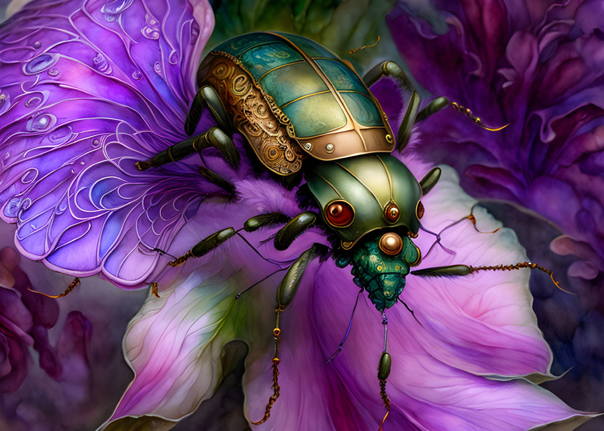 Mechanical beetle with golden details on purple flowers in fantastical background