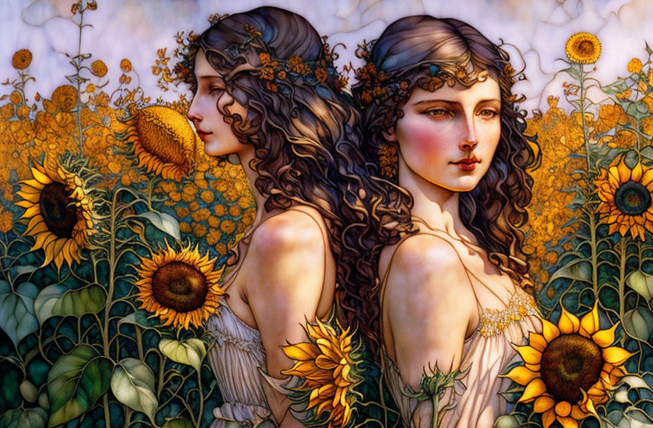 Two women with floral crowns in sunflower field convey serene atmosphere