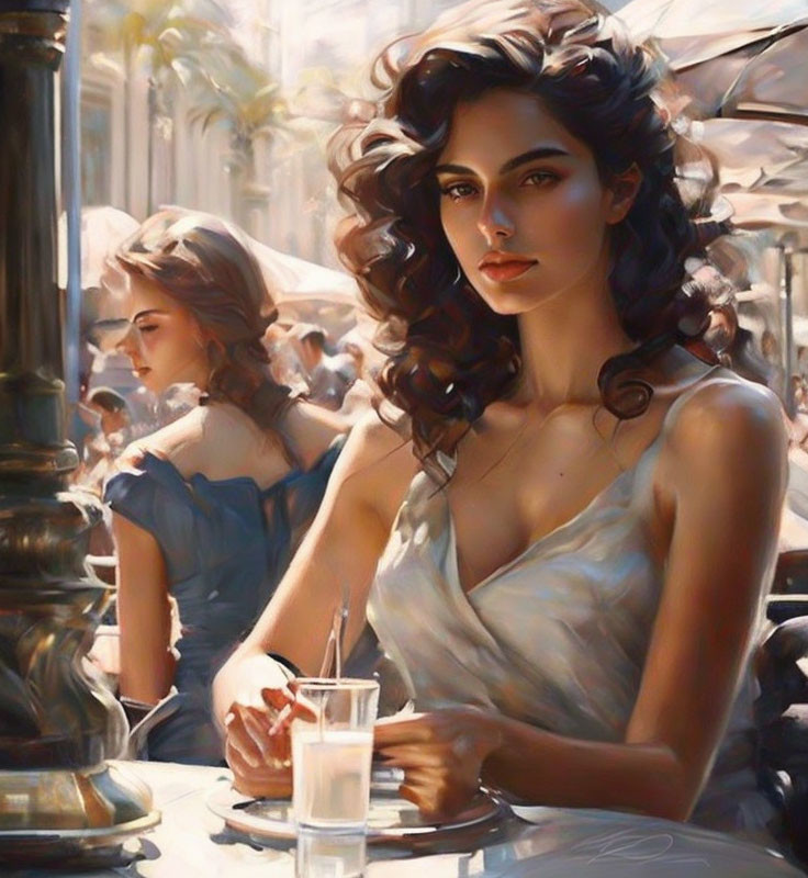 Two women at outdoor cafe, one with curly hair, one blurred in background