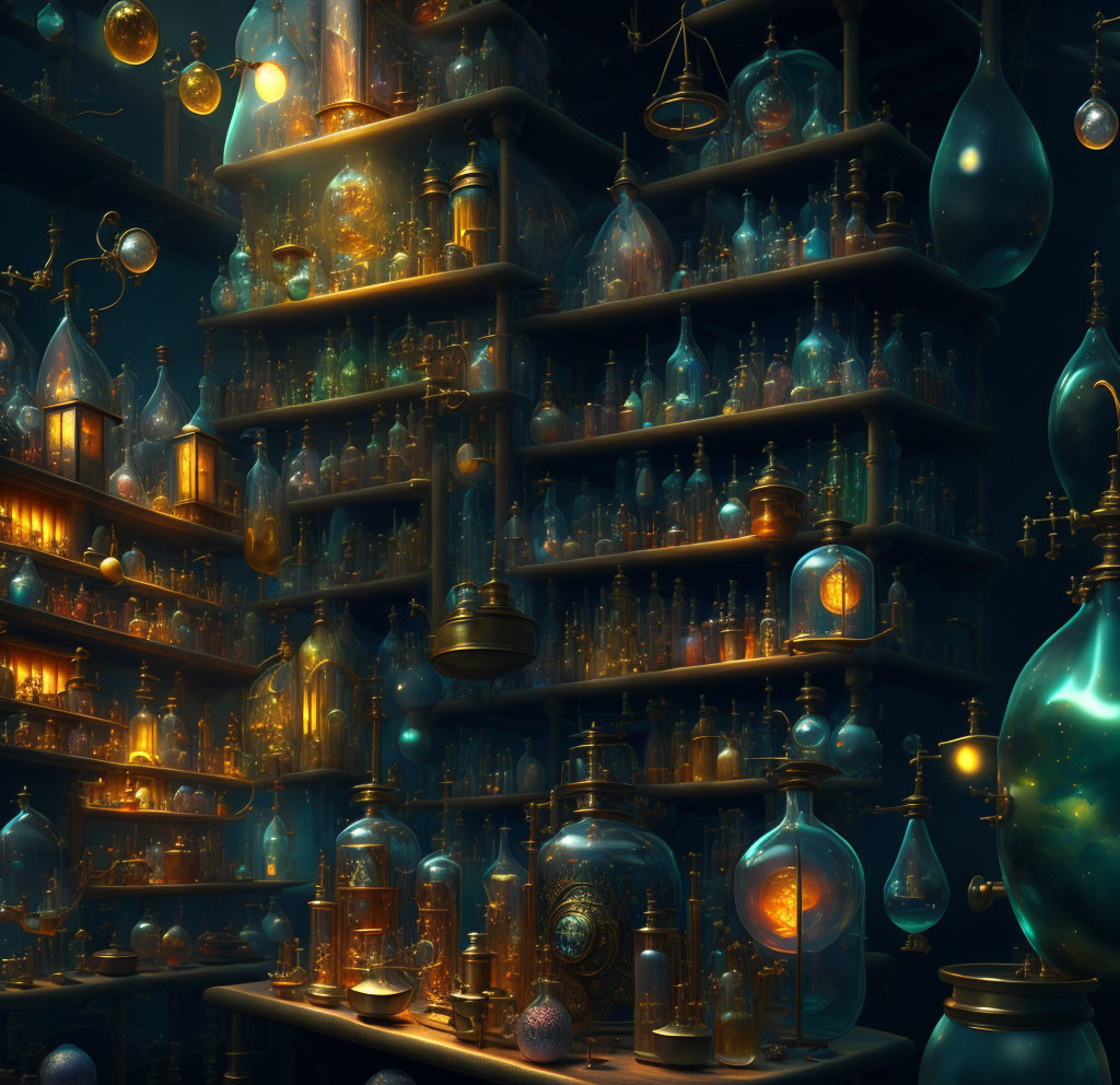 Enchanted Room with Illuminated Shelves and Mystical Orbs