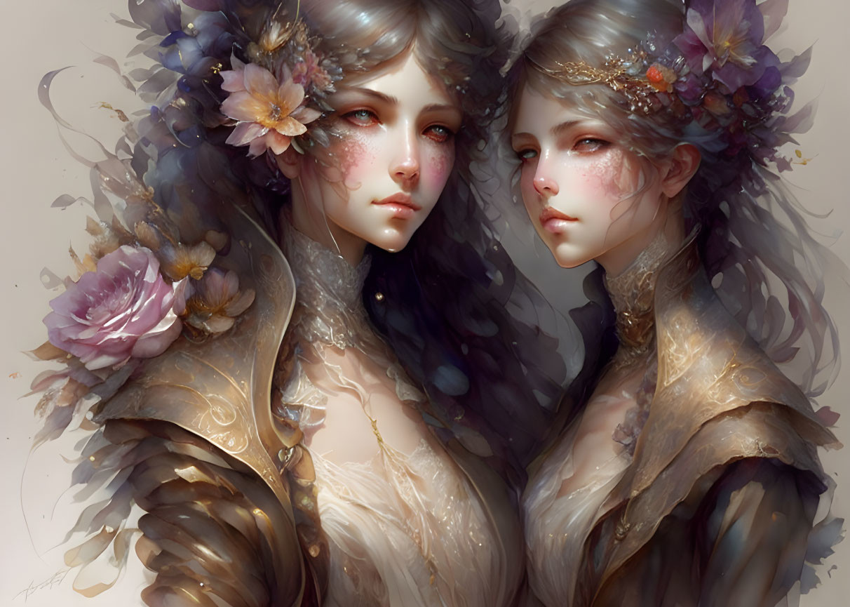 Identical Female Figures in Floral Crowns & Ornate Attire