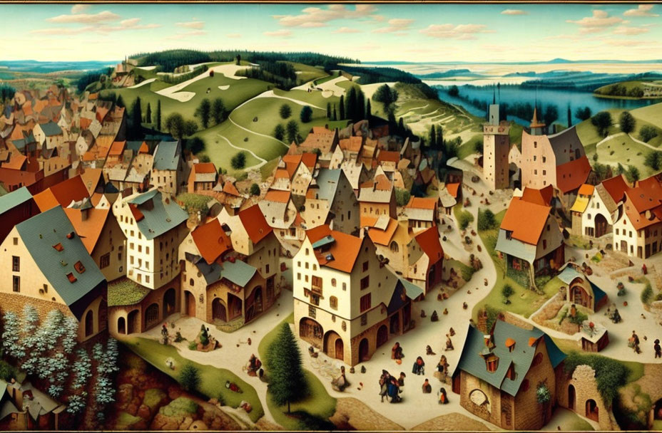 Colorful medieval village painting with rolling hills and villagers.