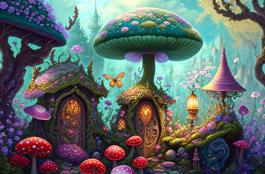 Whimsical mushroom house in enchanted forest scene