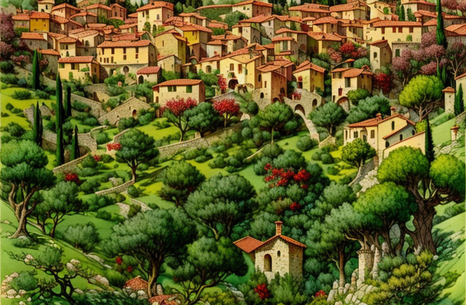 Scenic village with terracotta-roofed houses and lush hills