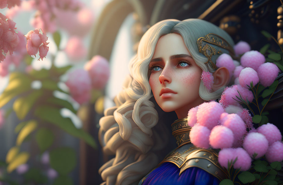 Fantasy female character with blonde hair and gold accessories in pink blossom setting