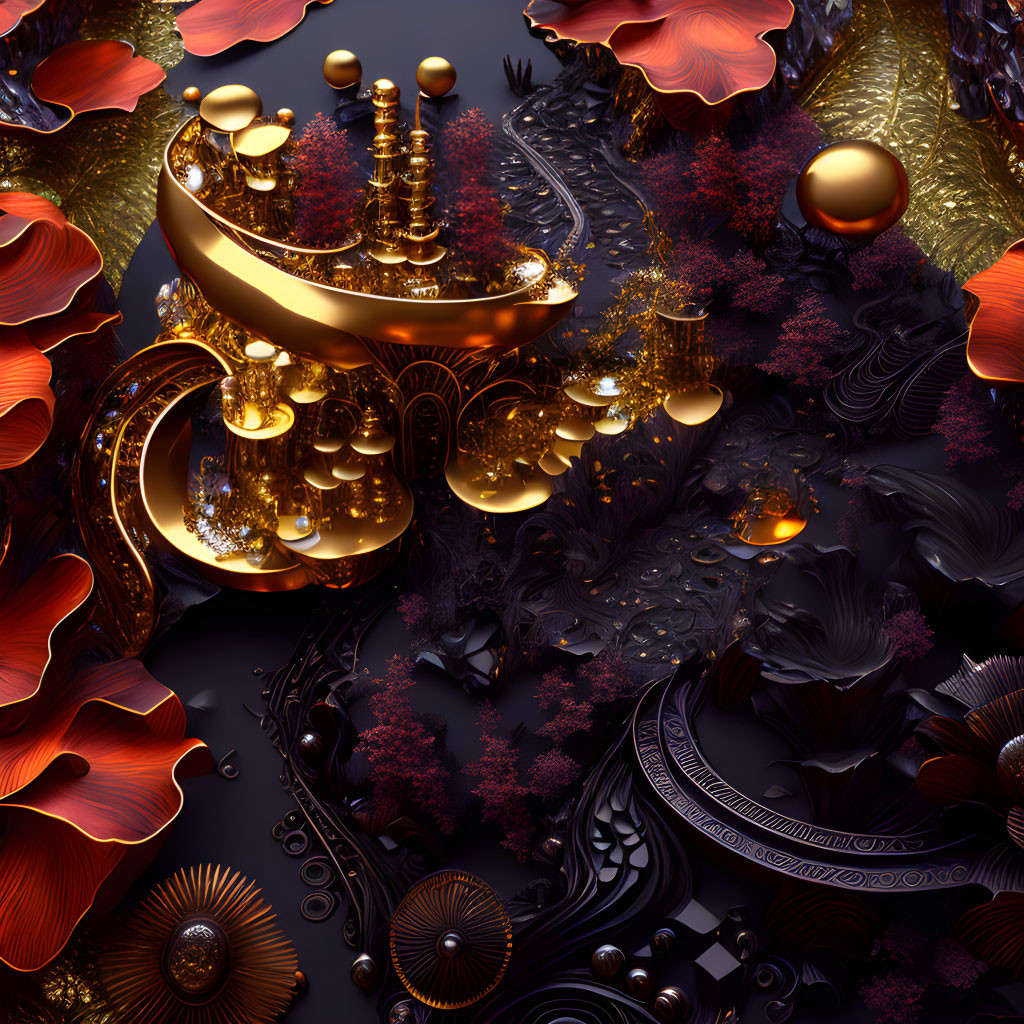 Luxurious and Fantastical Gold and Crimson Tones in Surreal Scene