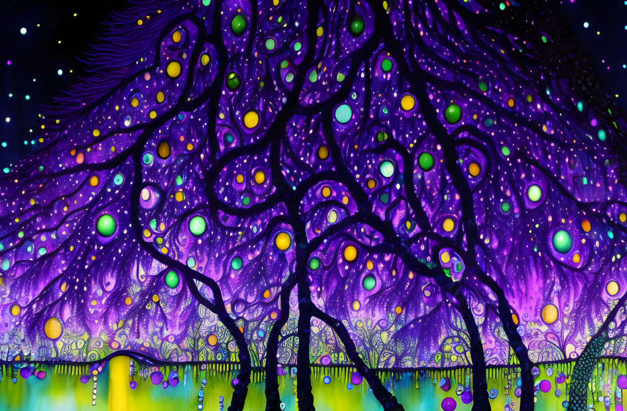 Whimsical purple tree with glowing orbs reflected in colorful water