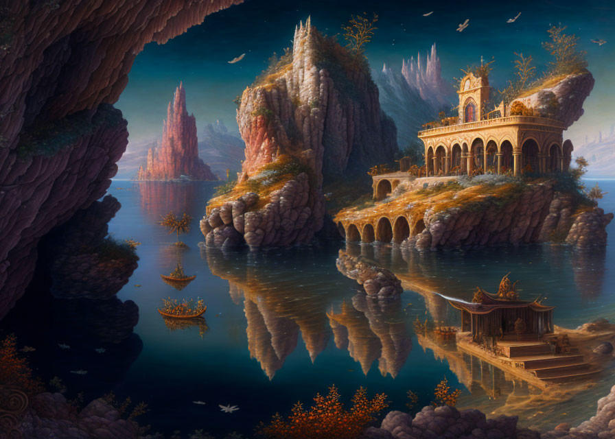 Majestic palace on cliffs in serene fantasy landscape