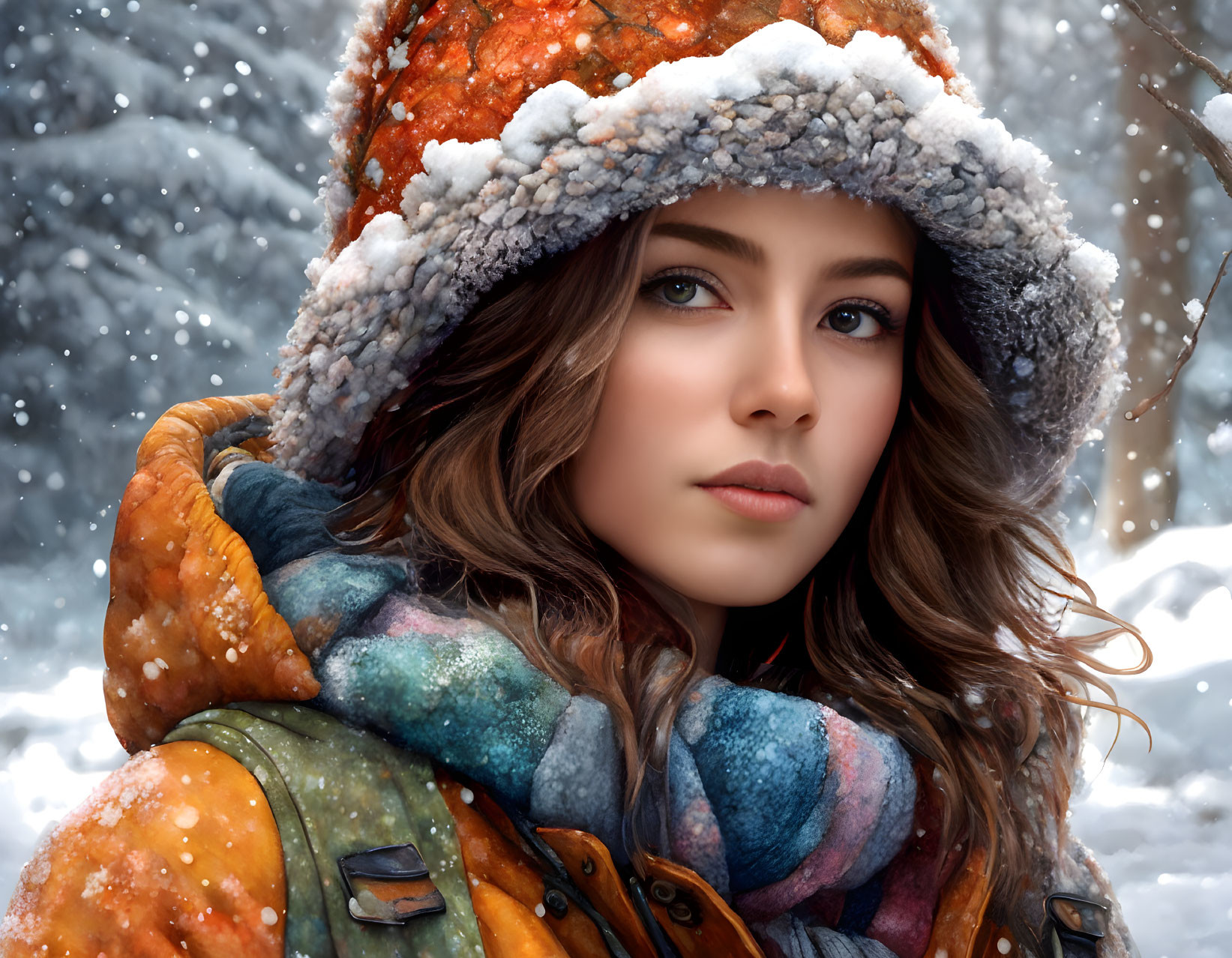 Curly-haired woman in fur-lined hat and colorful scarf in snowy landscape