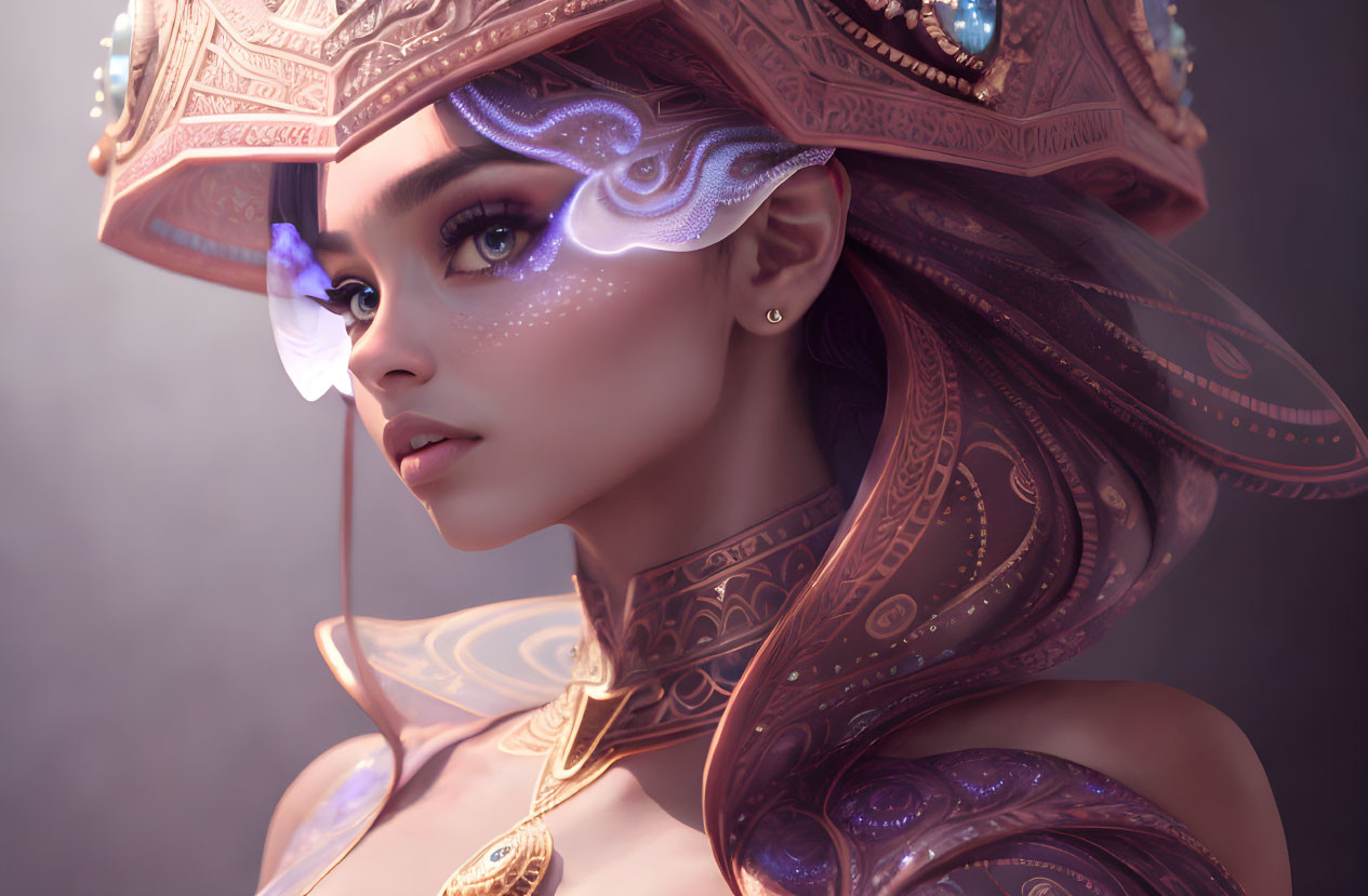 Detailed digital artwork of woman with ornate headdress and butterfly on cheek