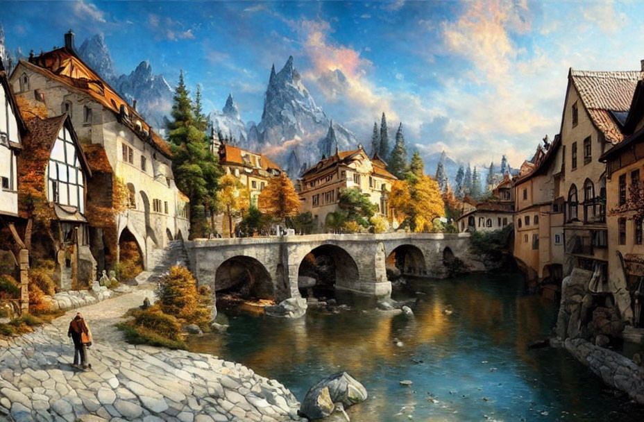 Medieval village with stone houses, arched bridge, river, mountains, cloudy sky at dusk