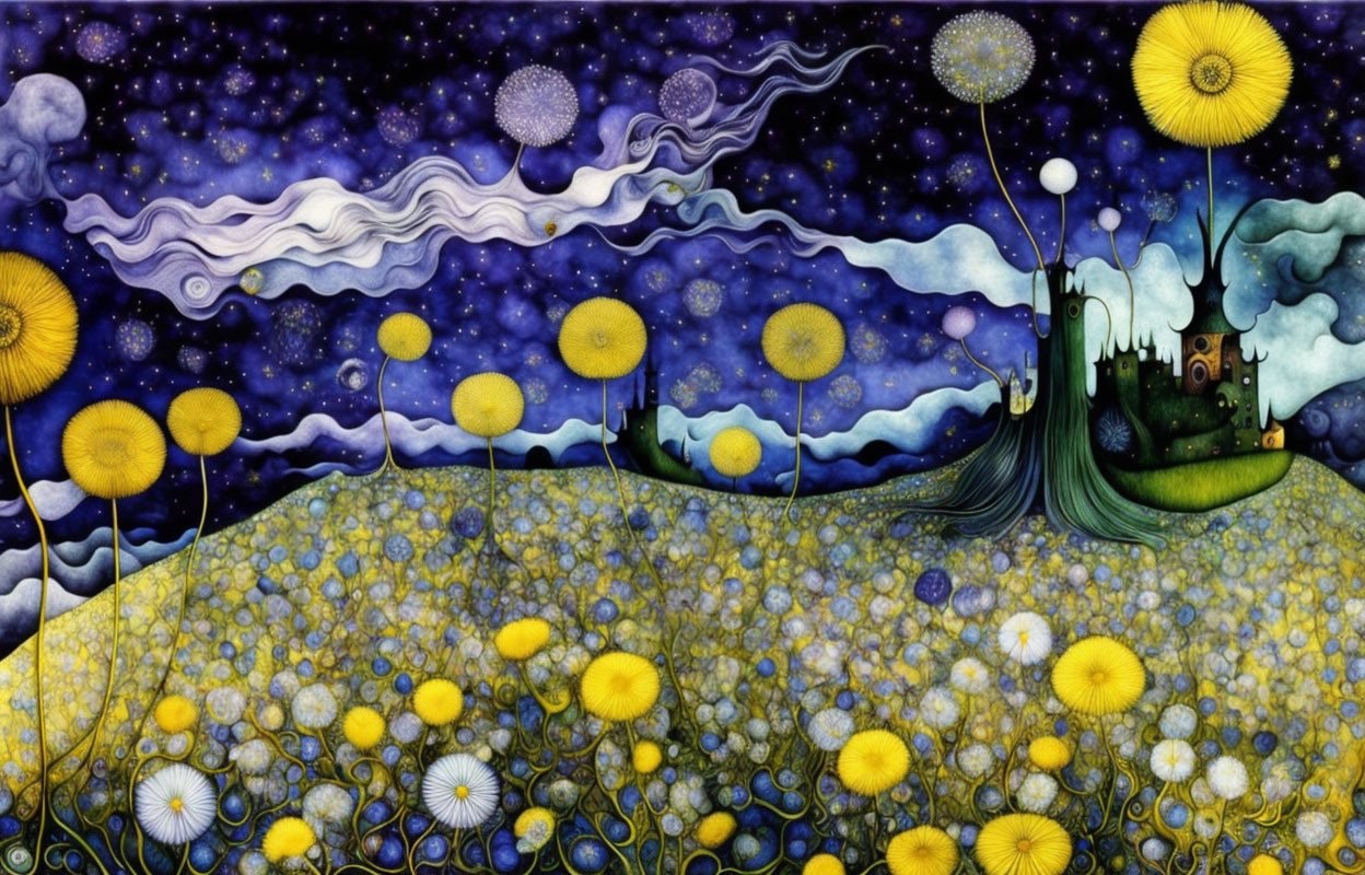 Starry Night Scene with Dandelion Trees, Castle Hill, and Cosmic Sky