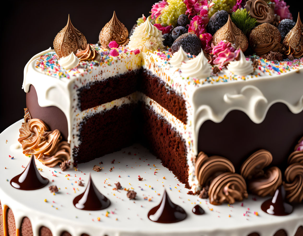 Decadent chocolate layer cake with frosting, berries, and sprinkles.