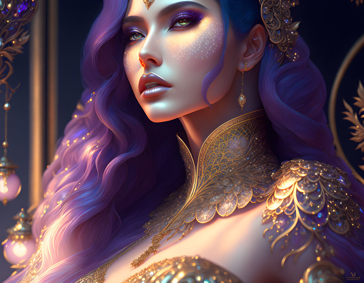 Digital artwork: Woman with purple hair, blue skin, gold jewelry