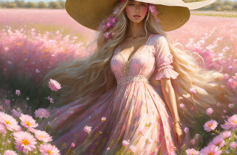 Blonde woman in wide-brimmed hat among pink flowers in elegant dress