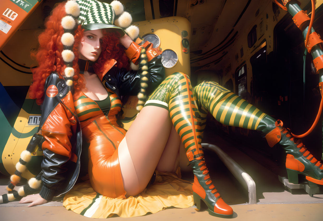 Futuristic woman in orange and green outfit in spacecraft with robotic arms