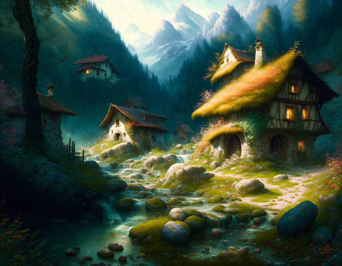 Peaceful fantasy village by mountain stream and lush woods