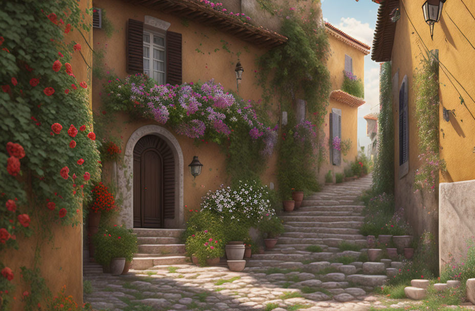 Scenic cobblestone street with colorful houses and plants