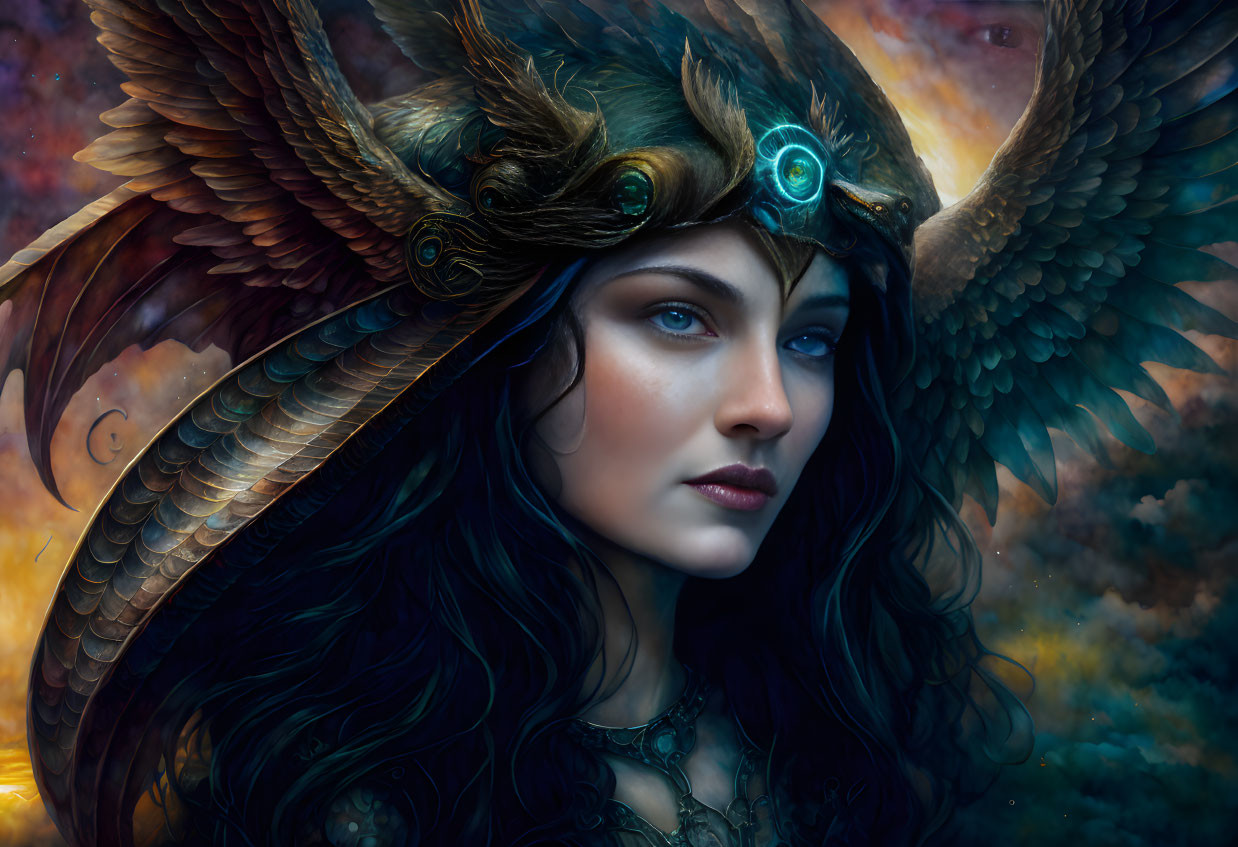 Digital artwork: Woman with feathered hair wings and ornate headdress in cosmic backdrop