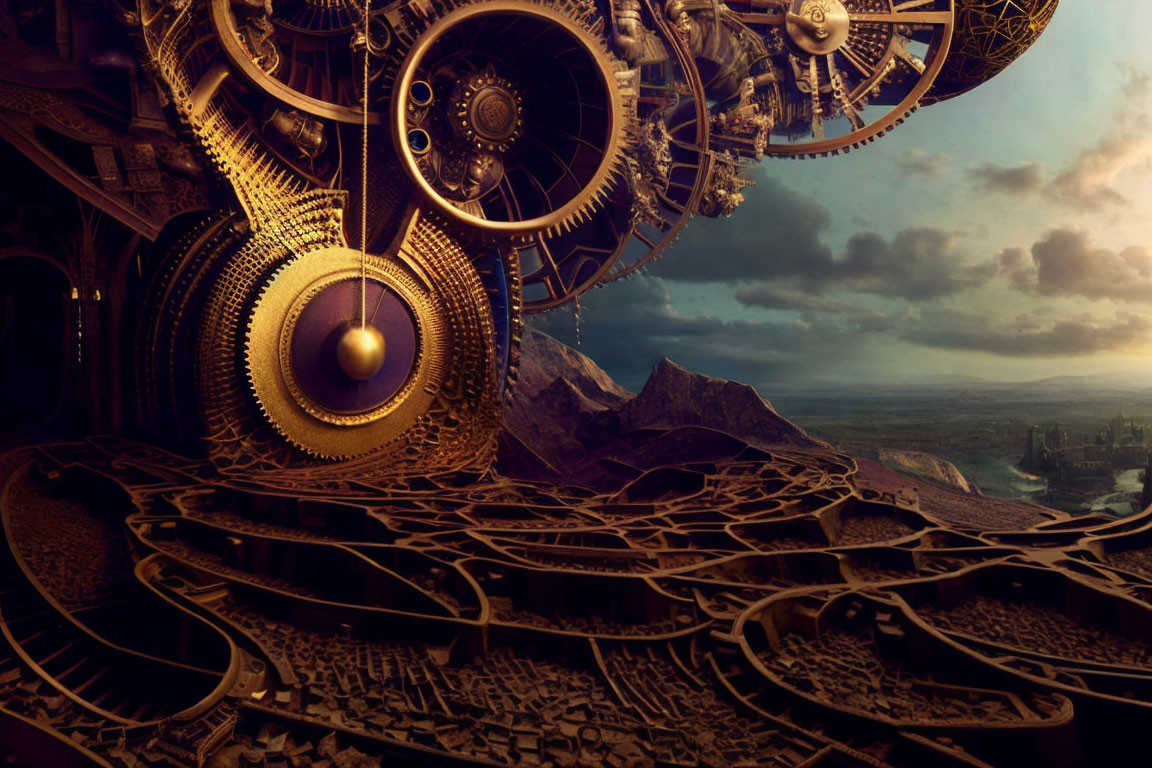 Fantasy Steampunk Landscape with Gears and Mountains