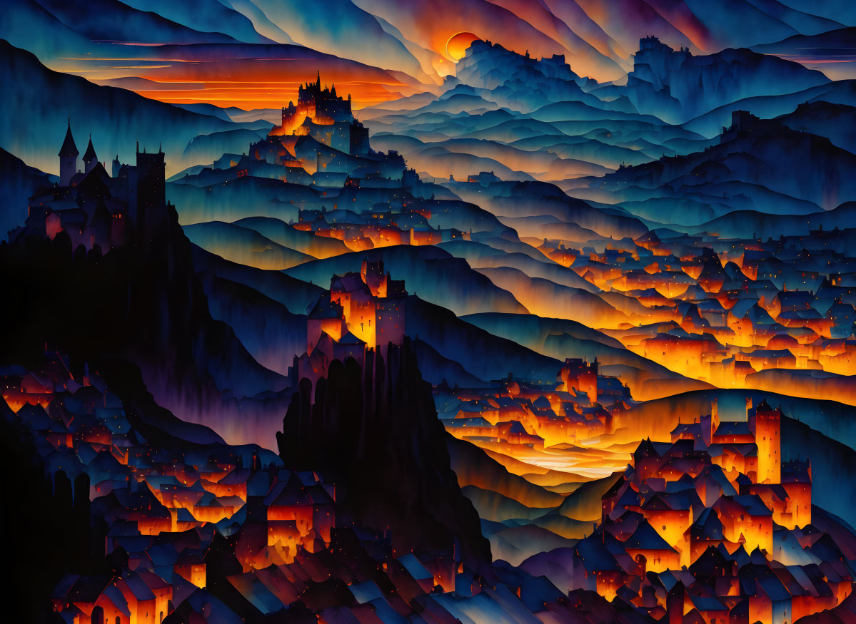 Layered Hills & Multiple Castles in Orange & Blue Sunset