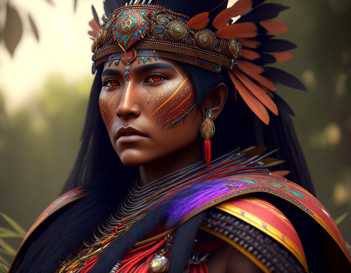 Digital artwork: Woman with intricate face paint and feathered headdress in indigenous American theme.