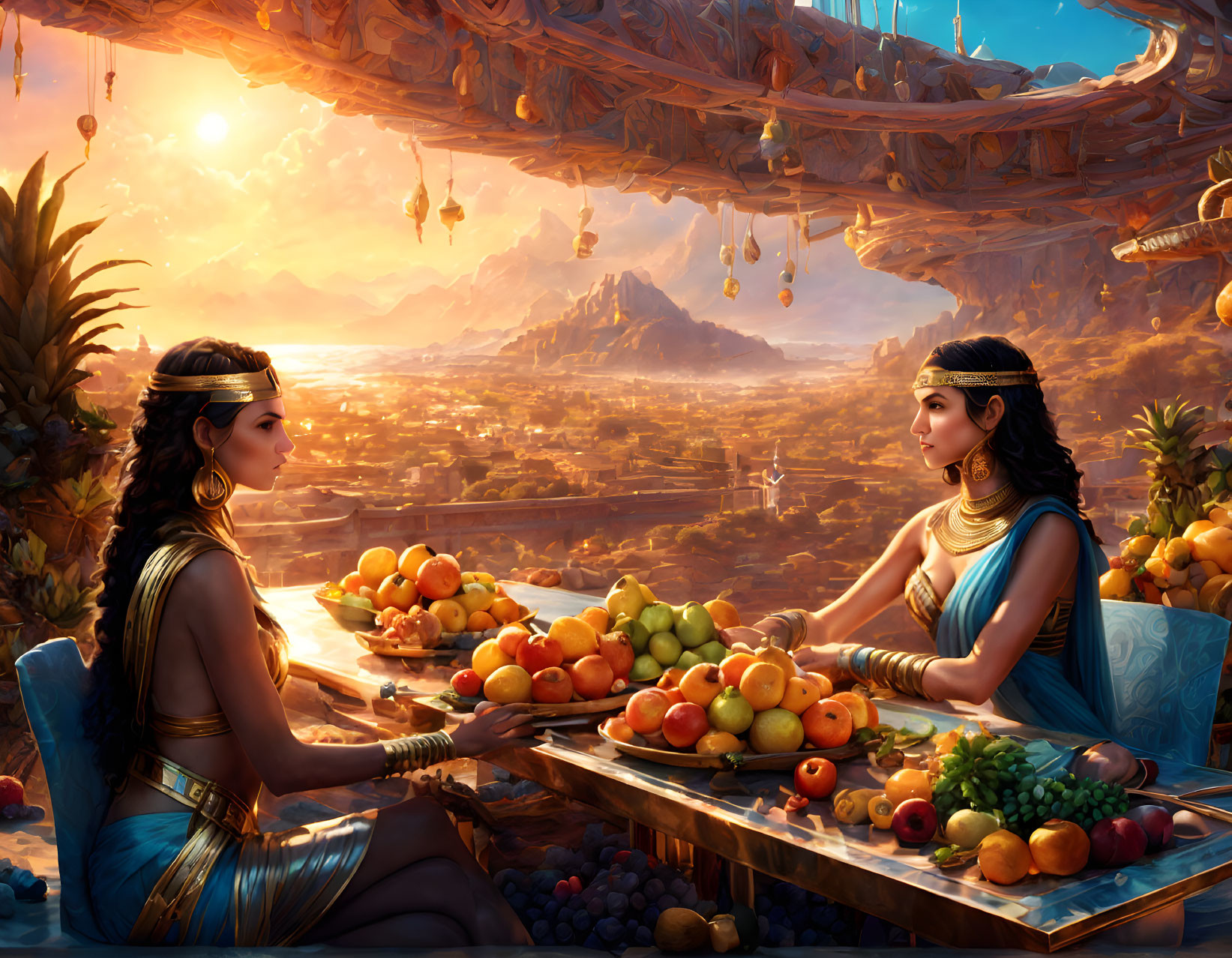 Two women in ancient attire at table in fantasy landscape with floating islands.