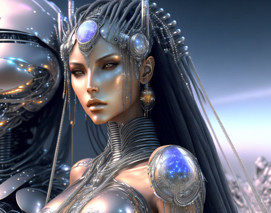 Futuristic digital artwork of female figure in silver and blue tones