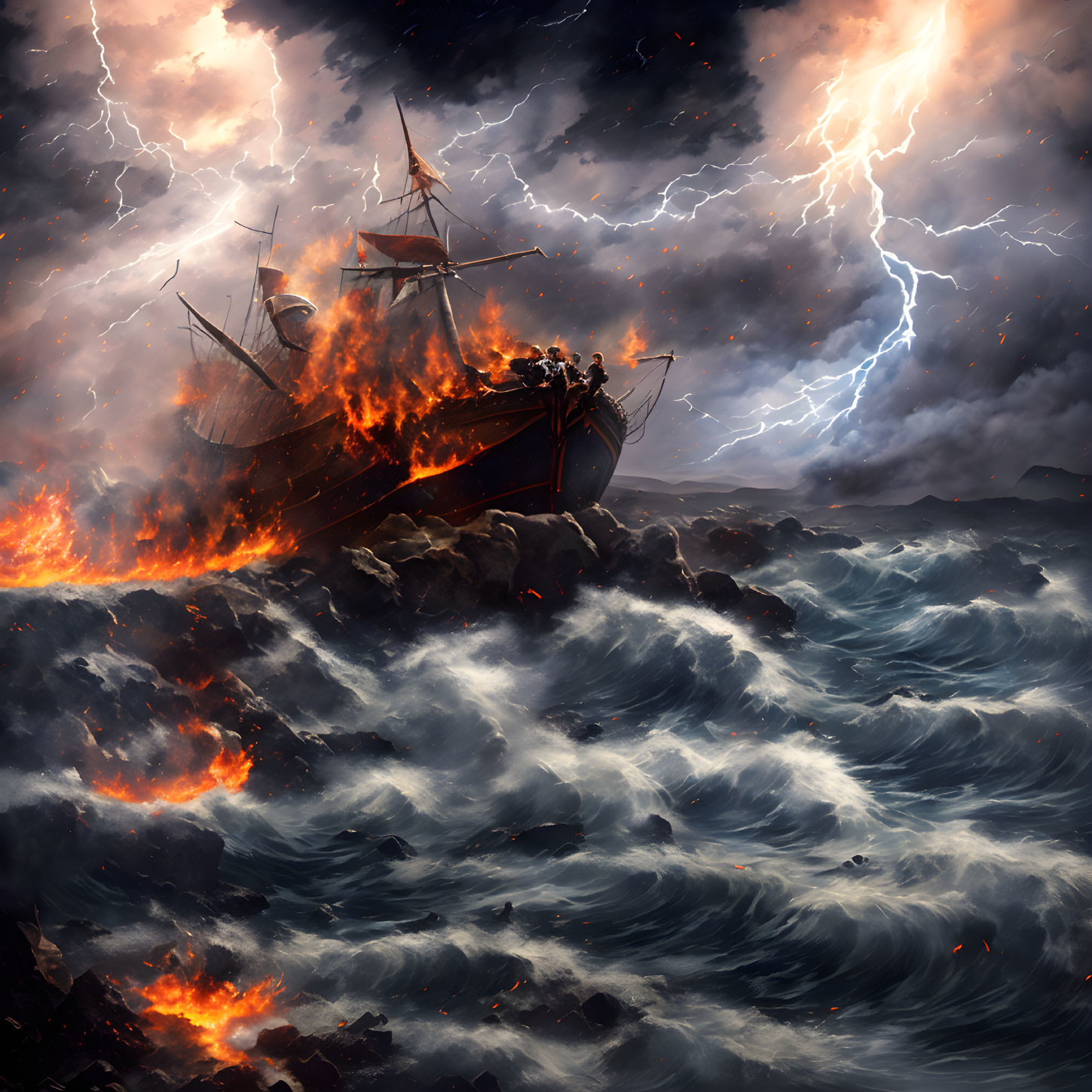 Stormy Sea Battle Scene with Ship and Lightning