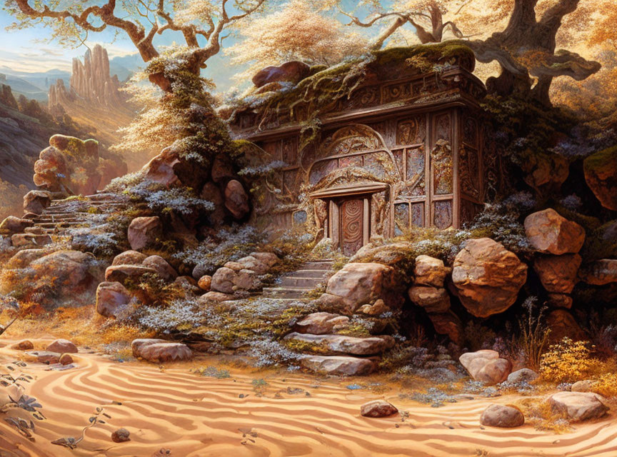 Enchanting forest scene with ornate wooden door, moss-covered trees, rocks, and winding stairs