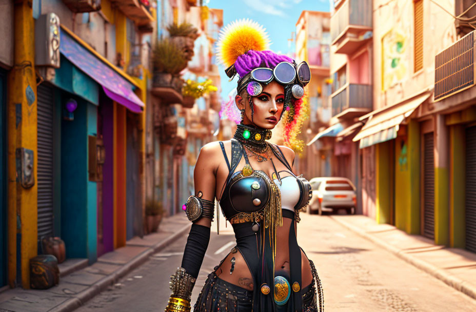 Woman in vibrant steampunk attire on colorful street pose confidently