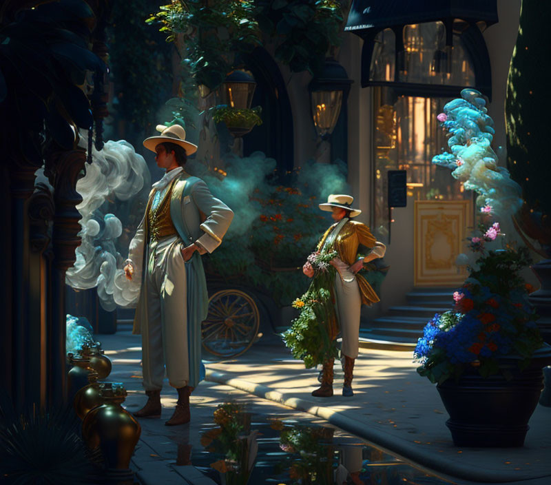 Steampunk-inspired characters in gaslit alley with plants and carriage