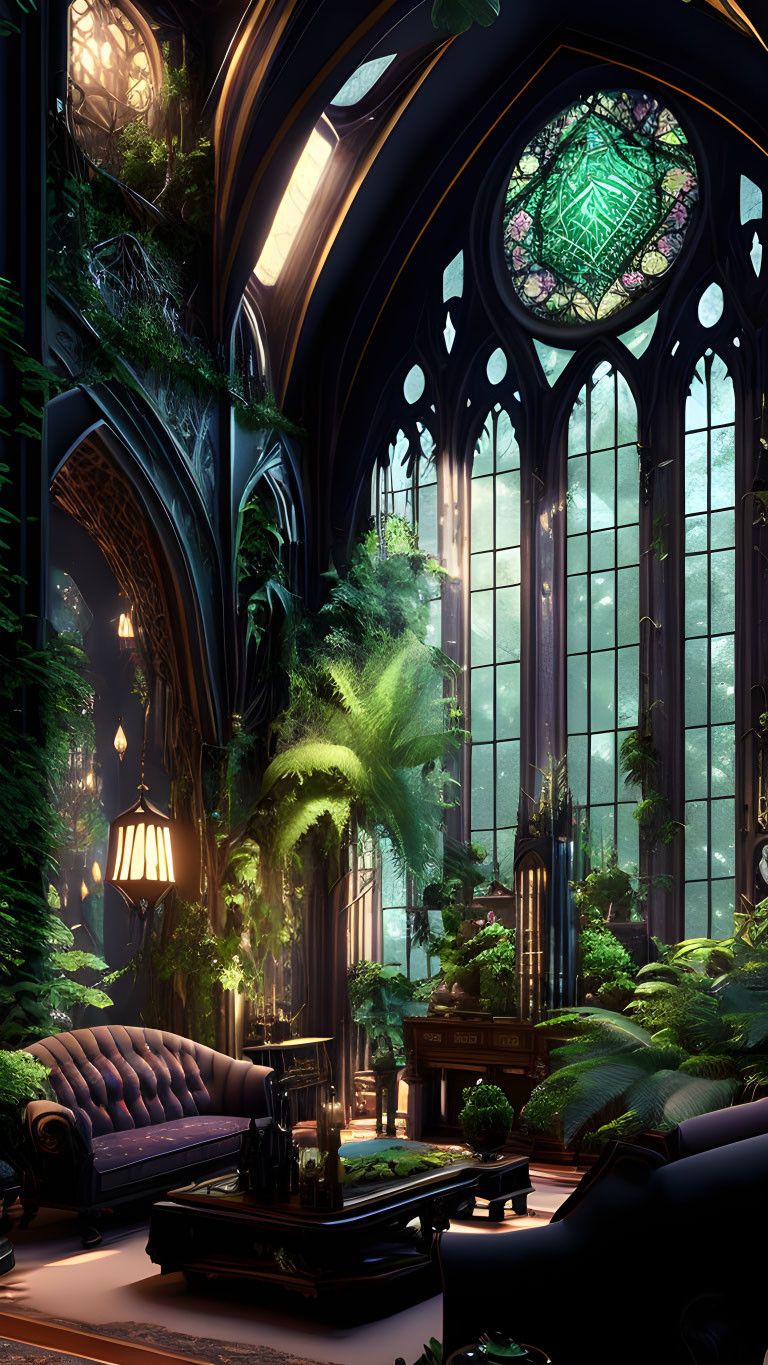 Verdant indoor garden in Gothic room with stained-glass windows