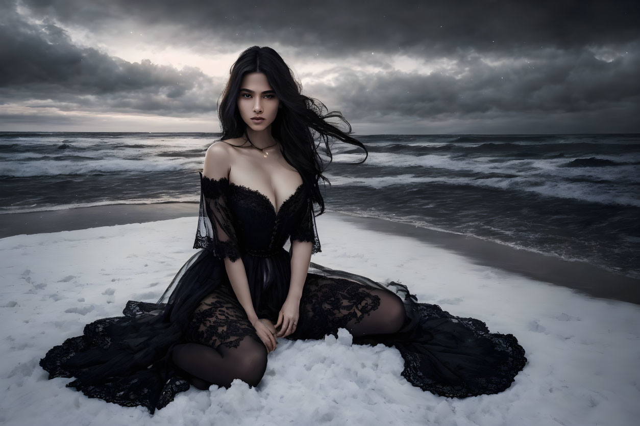 Woman in Black Dress Sitting on Beach with Dark Clouds and Waves