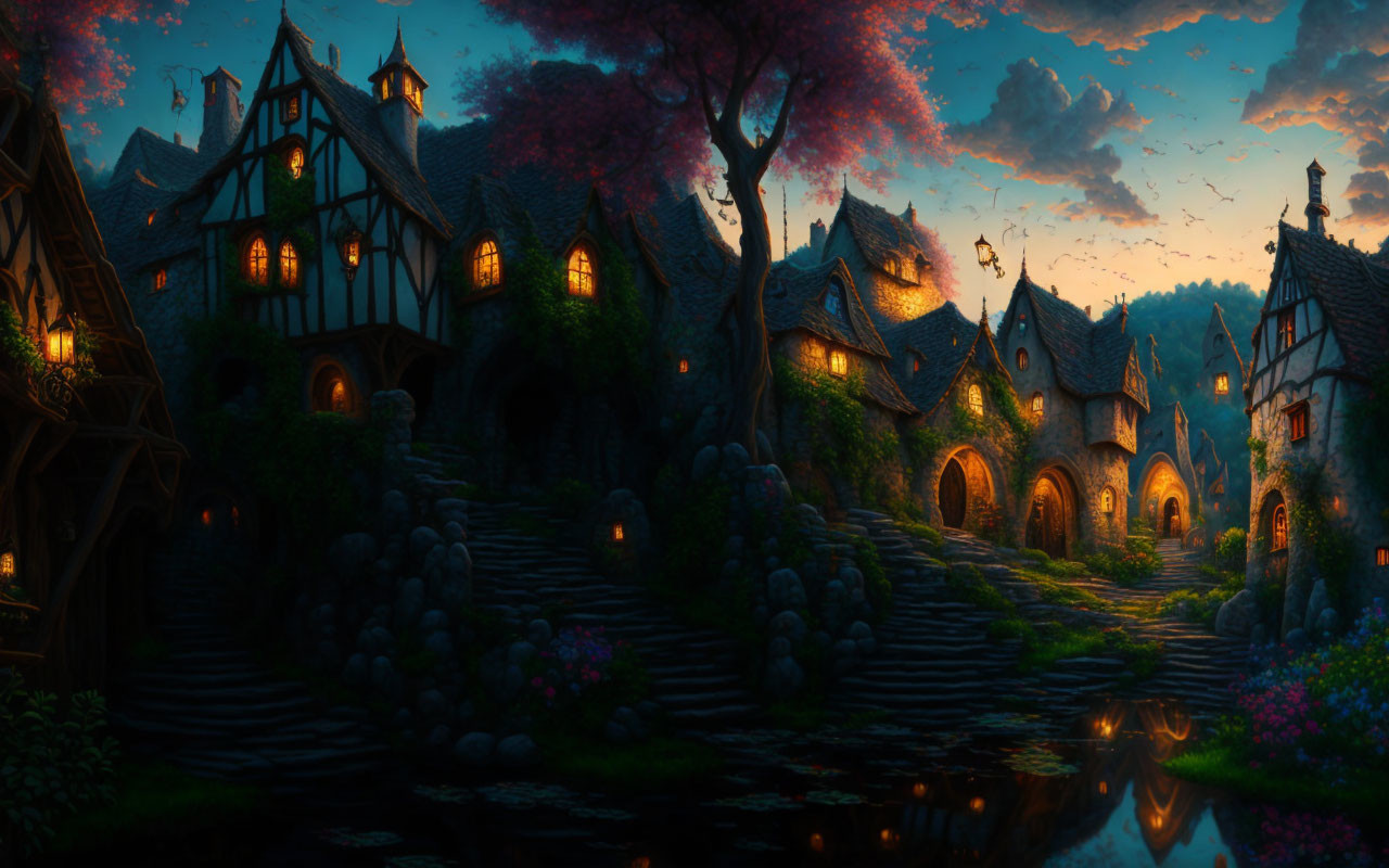 Picturesque Fantasy Village with Thatched Roofs and Cobblestone Paths