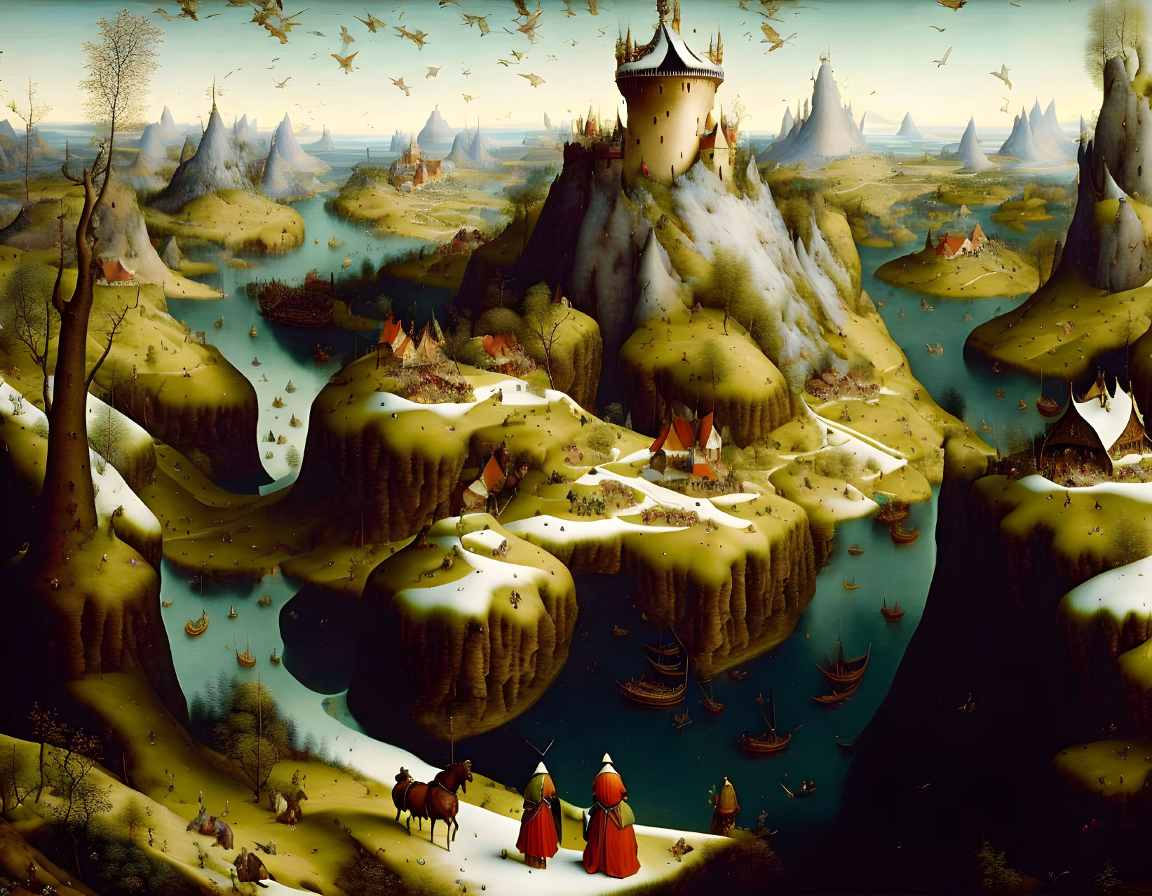 Medieval castles on floating islands with bridges, sailing ships, and robed figures.