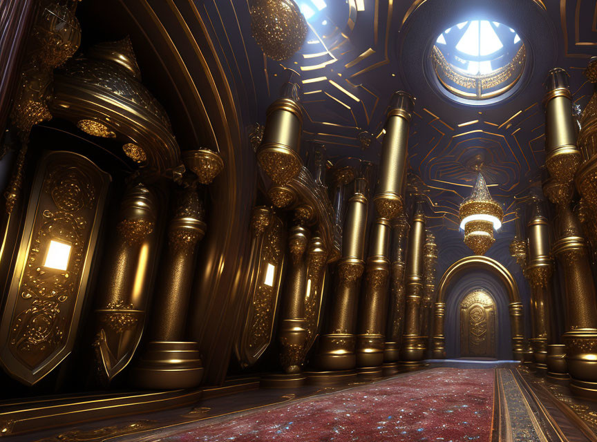 Luxurious Hallway with Golden Pillars, Red Carpet, and Intricate Door