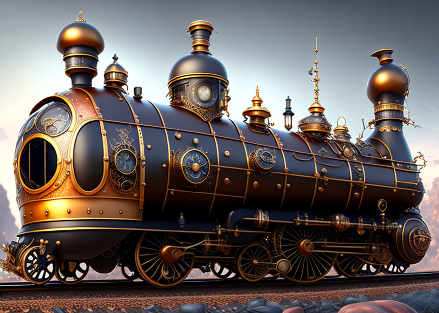 Steampunk-style locomotive with brass detailing in twilight sky