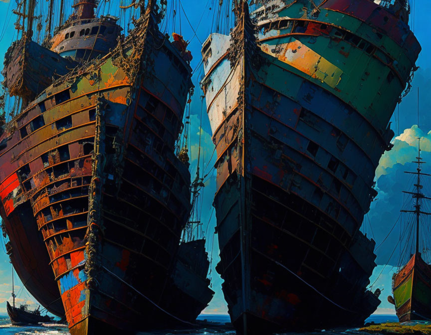 Rusting ships with peeling paint docked closely together in a shipyard