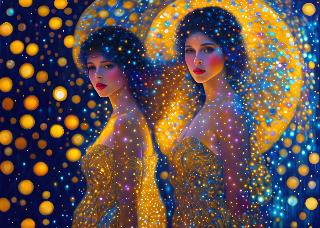 Two women with starry halos and blue hair in cosmic setting.