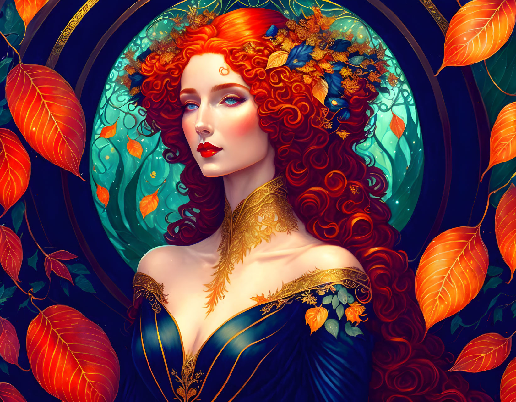 Illustration: Woman with red hair, autumn leaves, blue & gold dress, fish & leaves halo