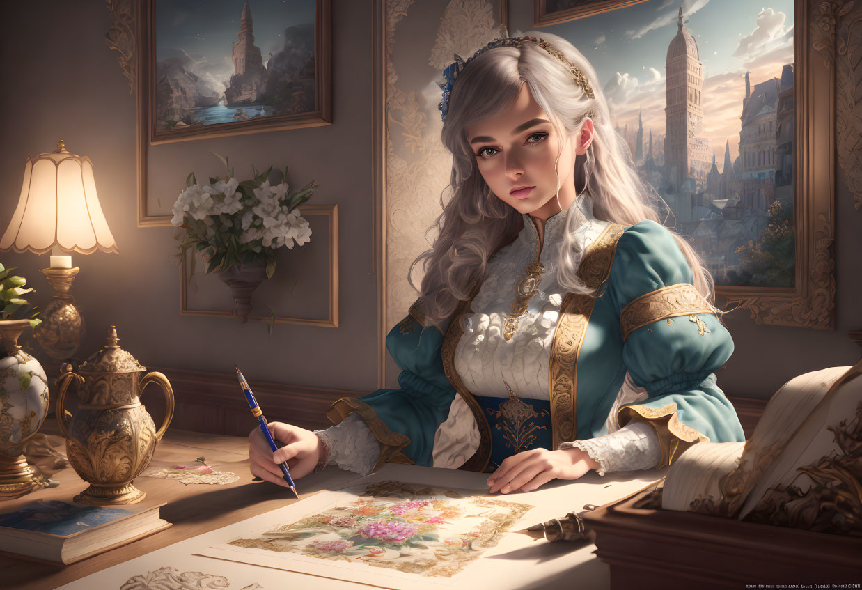 Elegantly dressed woman with quill pen in vintage room with intricate drawings and detailed architecture.