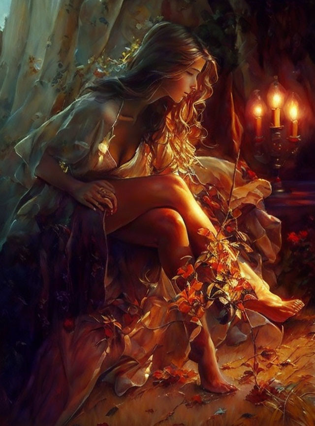 Woman sitting among autumn leaves in candlelit setting, contemplative and serene