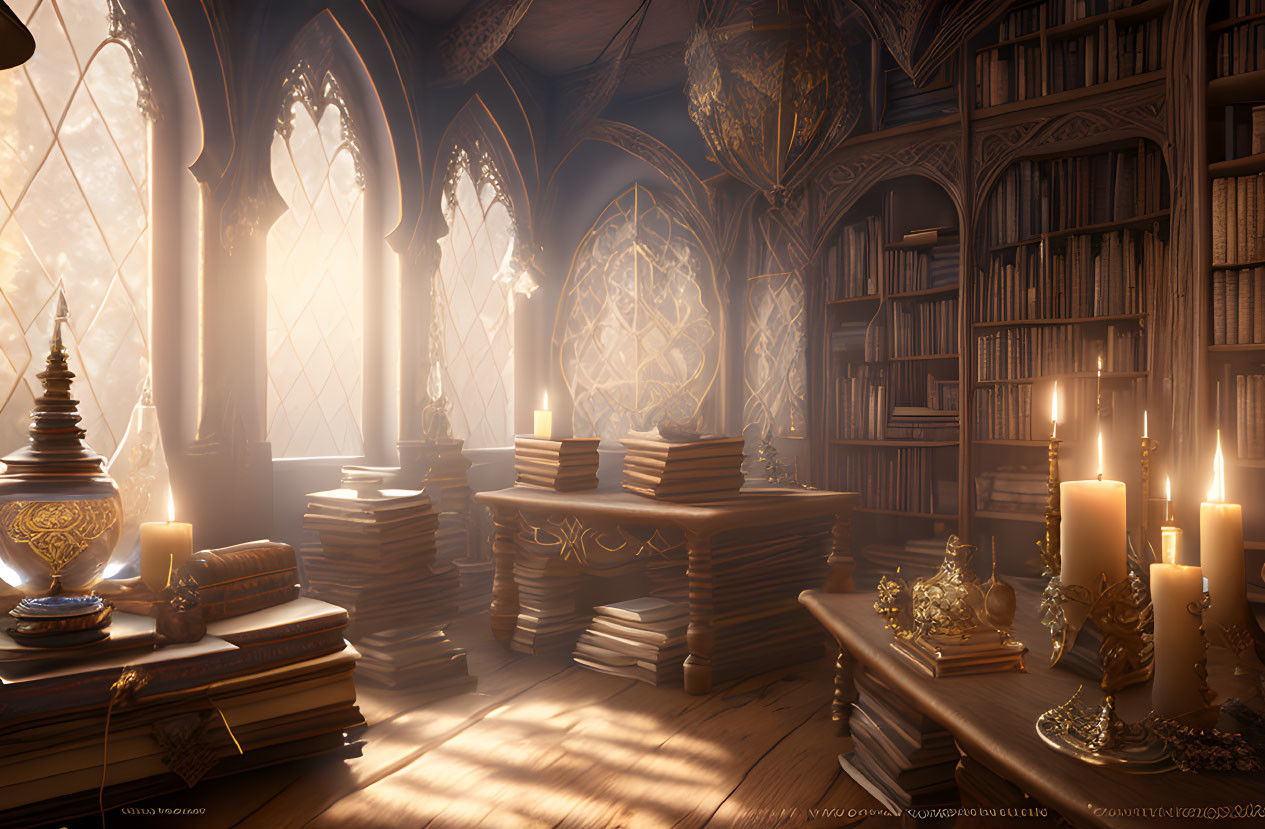 Medieval library with towering bookshelves and gothic windows