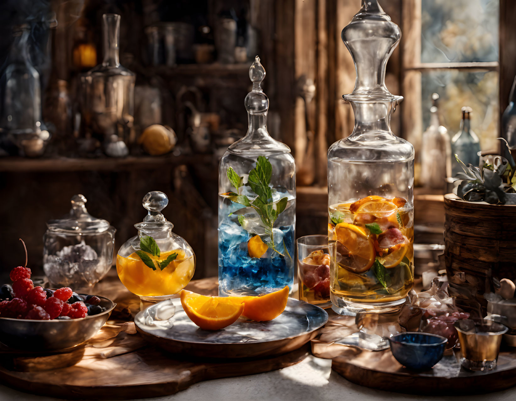 Rustic still-life scene: Infused water in glass decanters with lemons, blue