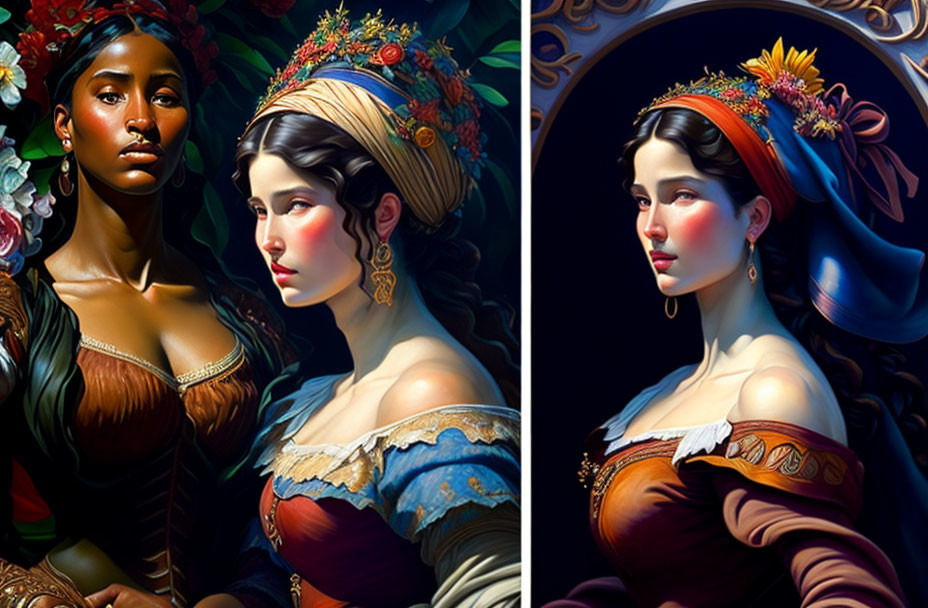 Illustrated women in ornate historical dresses with colorful flowers and intricate detailing