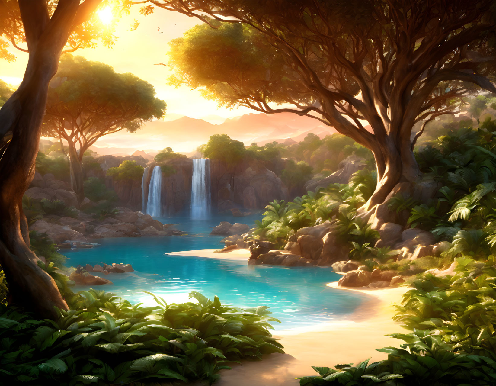 Tranquil Sunlit Waterfall in Lush Forest