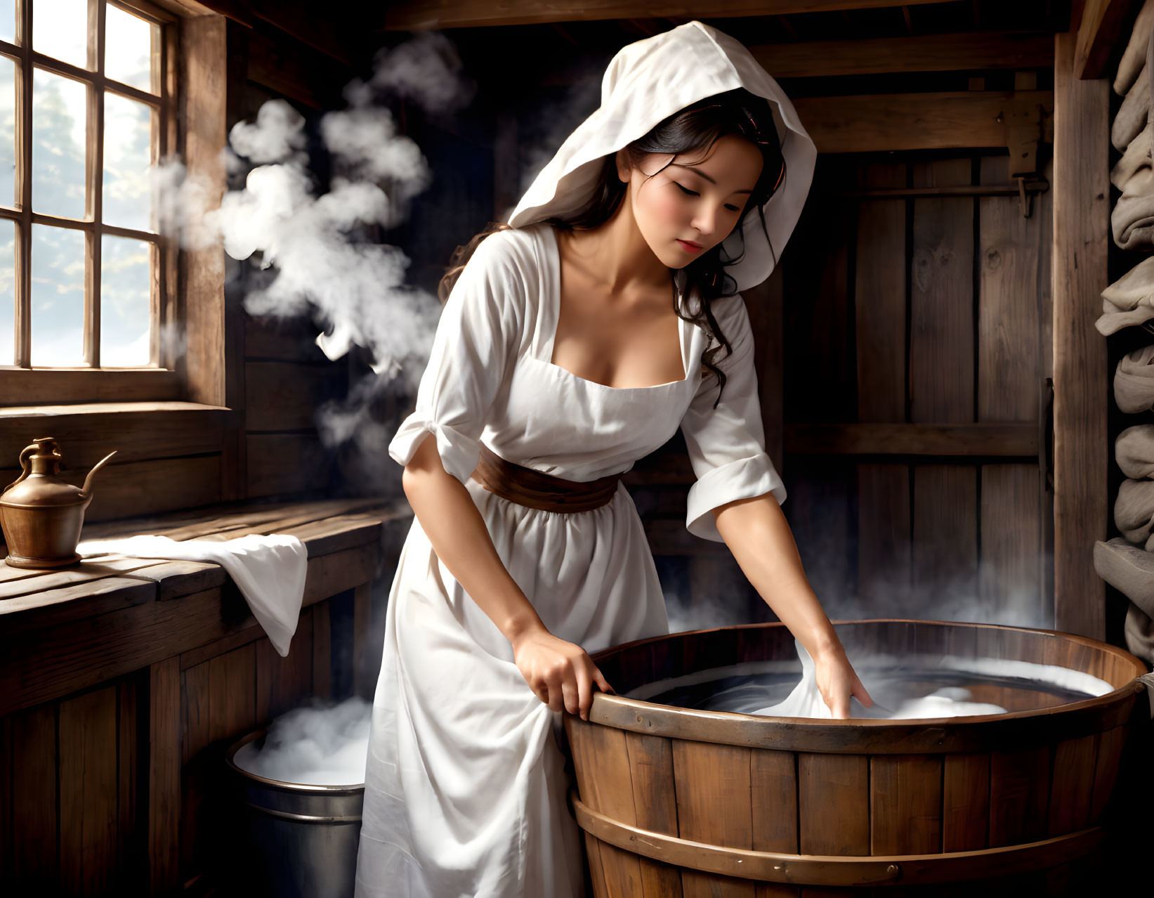 Historical woman washing clothes in rustic wooden room