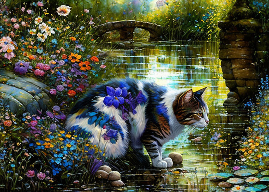 Vibrant cat painting in flower garden with bridge and waterfall